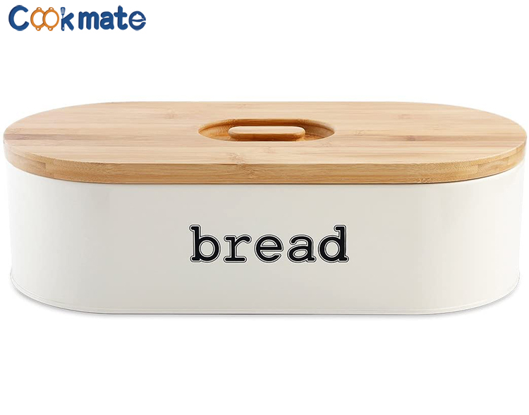 Modern Bread Box Pastries Storage Container with Bamboo Cutting Board Lid Space Saving Bin for Kitchen Counter White