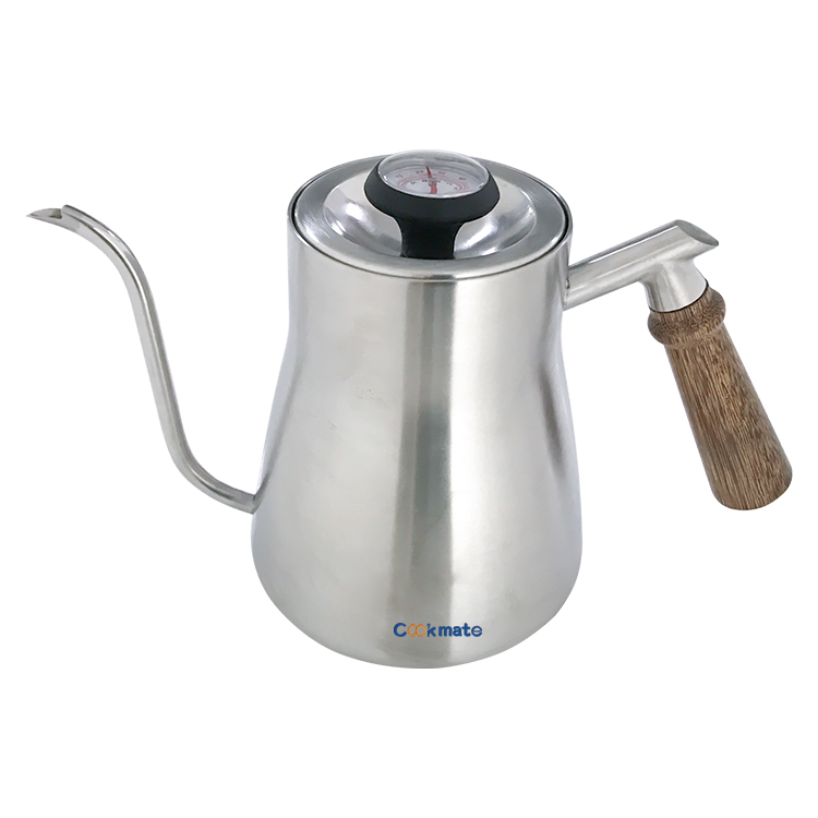 Stainless Steel Turkish Insulated Level Wooden Handle Drip over Matt Silver Coffee Pot with Thermometer