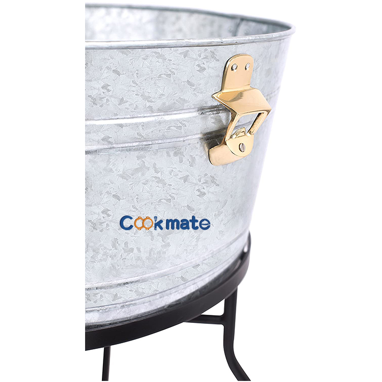 Large Liter Container Beer Beverage Tub Metal Galvanized Bucket With Wood Handles